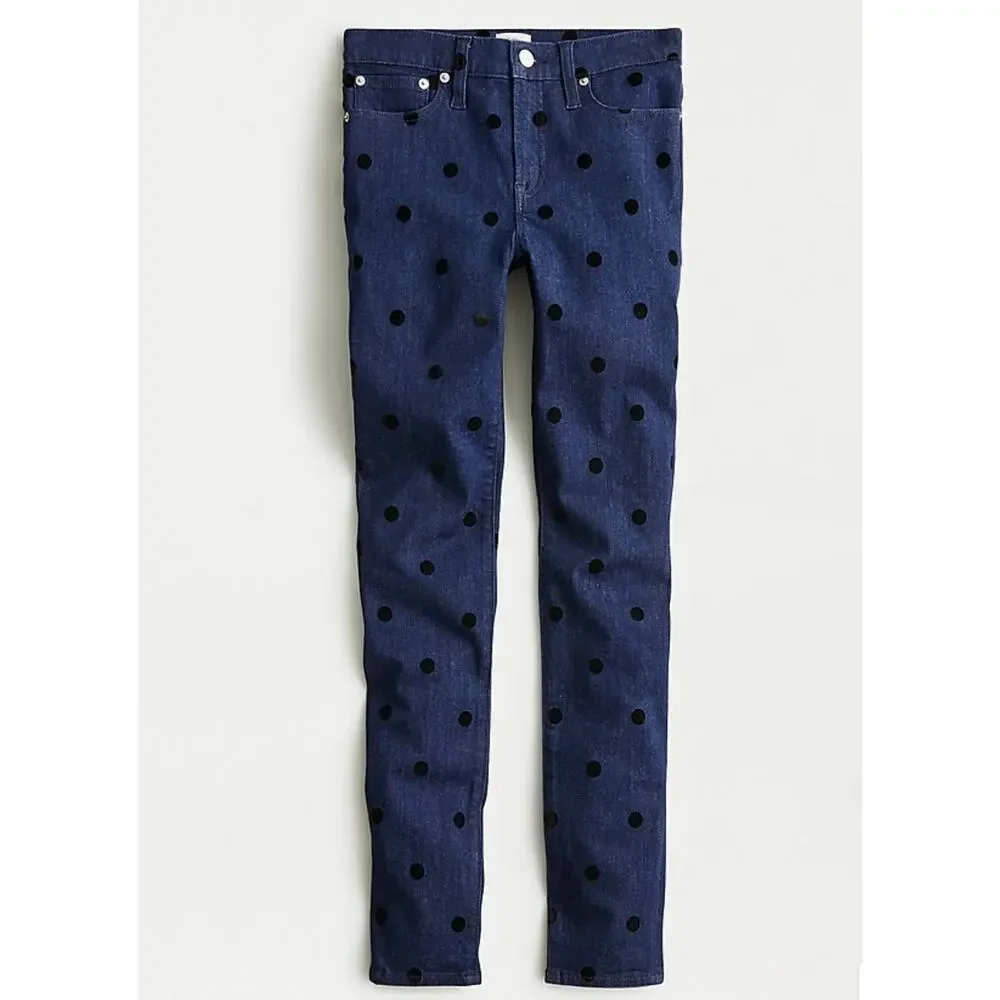 J CREW 9 in High Rise Toothpick Ankle Crop Jeans Dark Wash Black Velvet Dots 29
